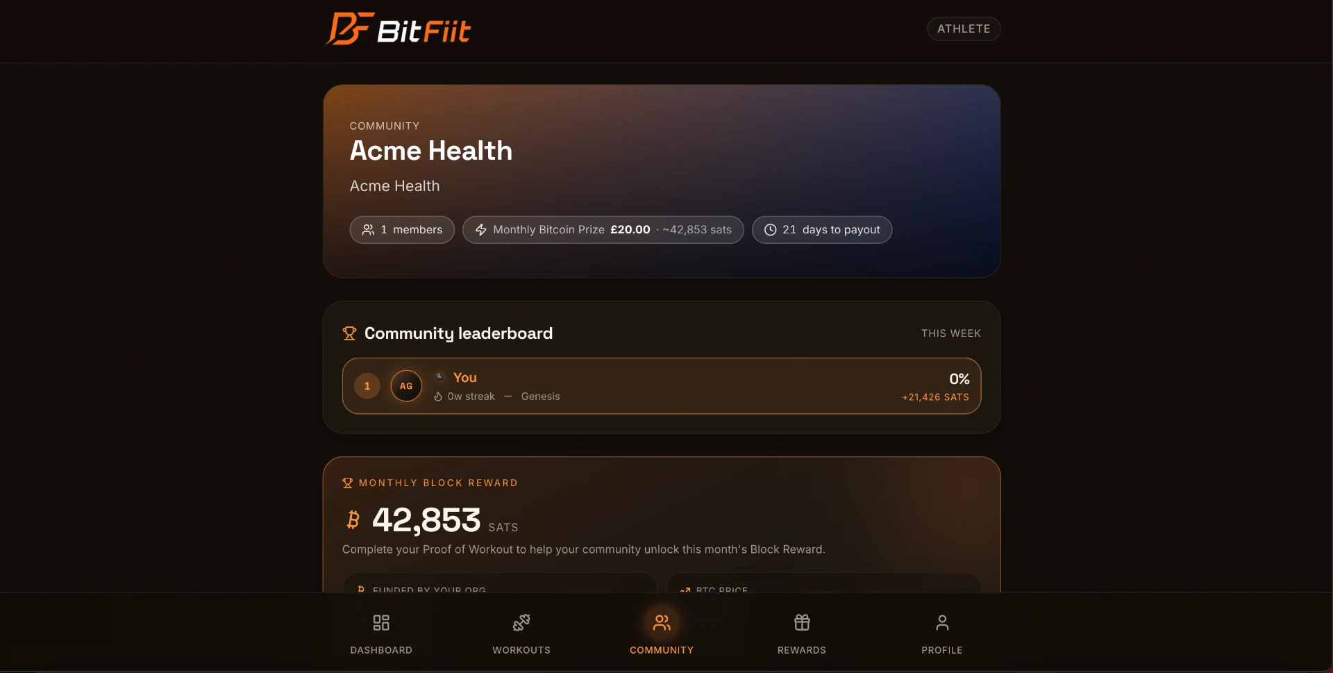 BitFiit community leaderboard with monthly Bitcoin block reward