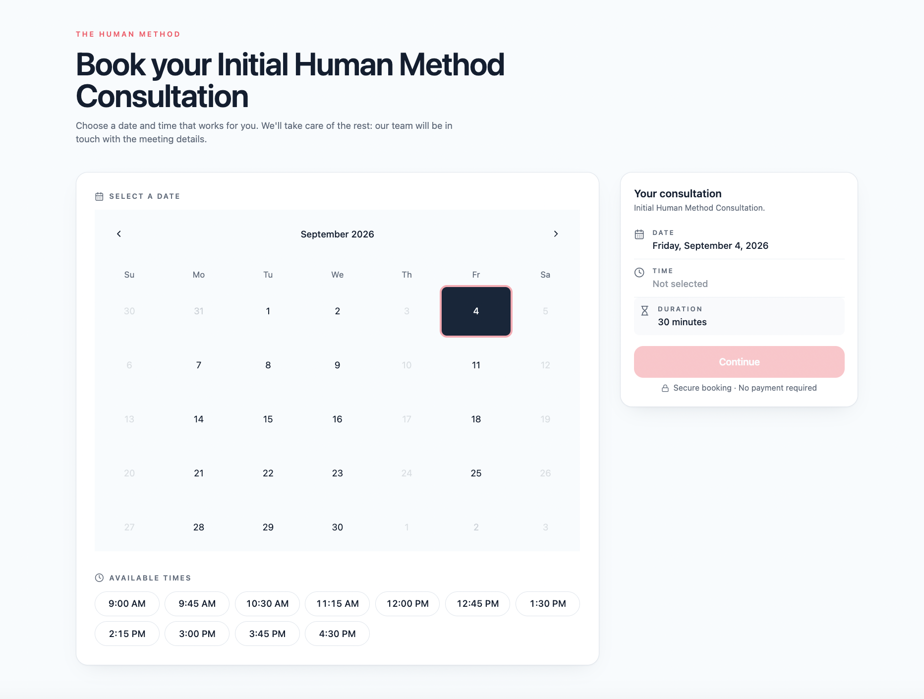 The Human Method consultation booking interface with calendar and available times