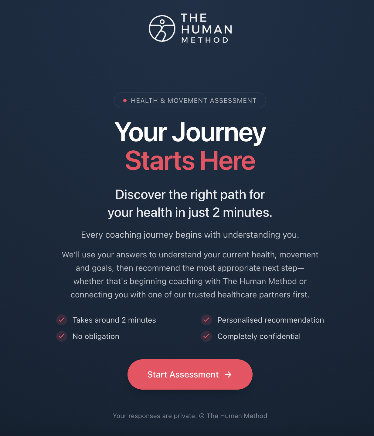 The Human Method health and movement assessment start screen