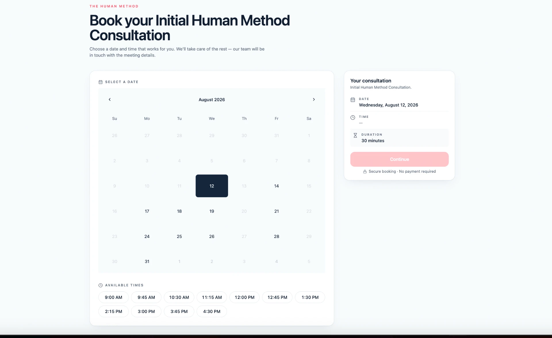 The Human Method consultation booking interface with calendar and available times