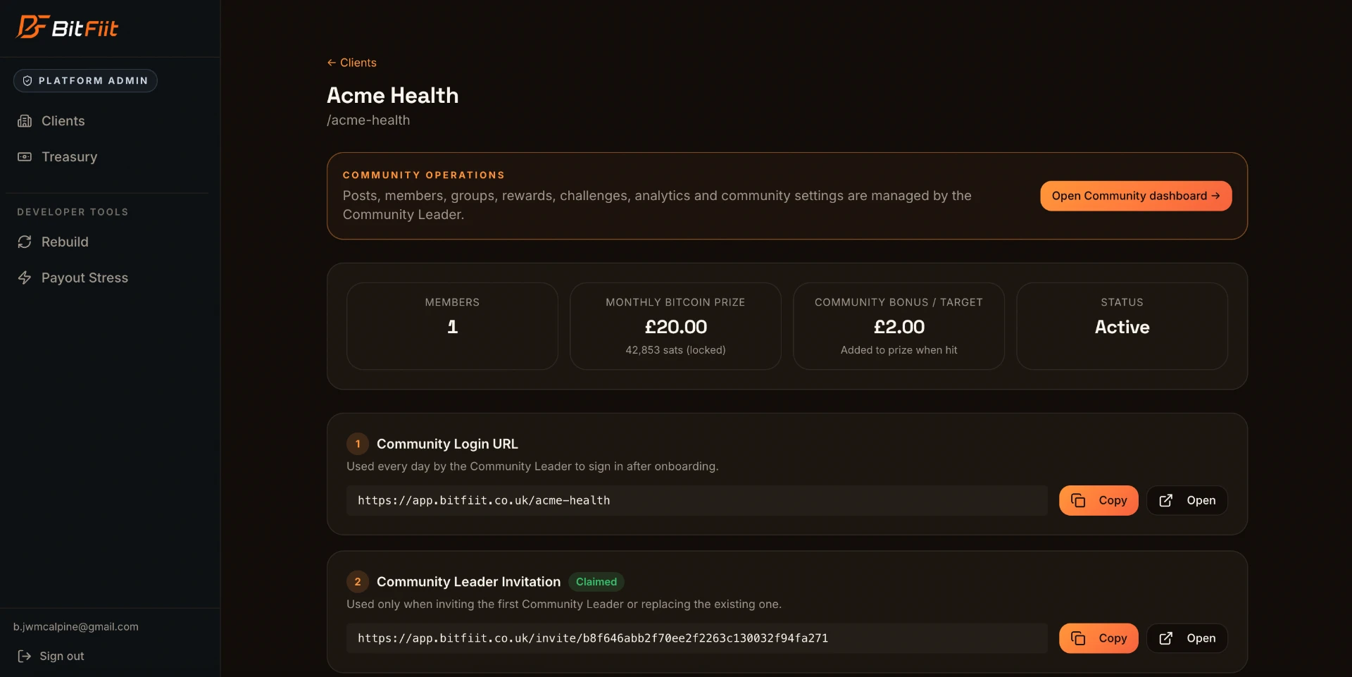 BitFiit organisation dashboard for Acme Health with prize settings and invitation links