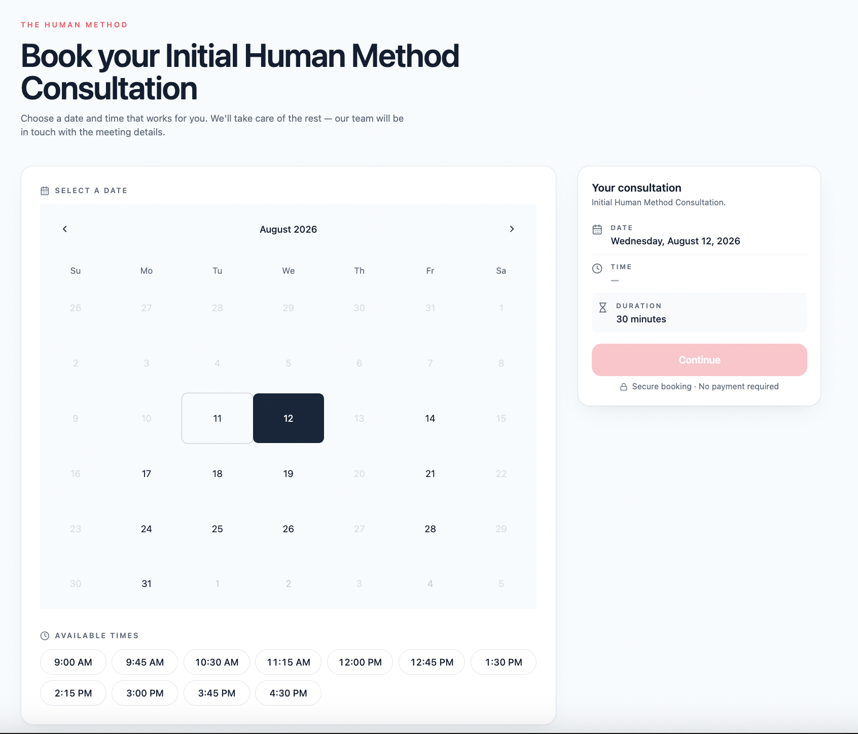 The Human Method consultation booking interface with calendar and available times