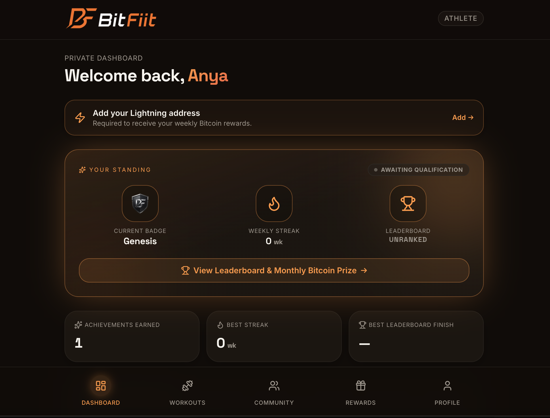 BitFiit athlete dashboard showing streaks, badges and Bitcoin rewards